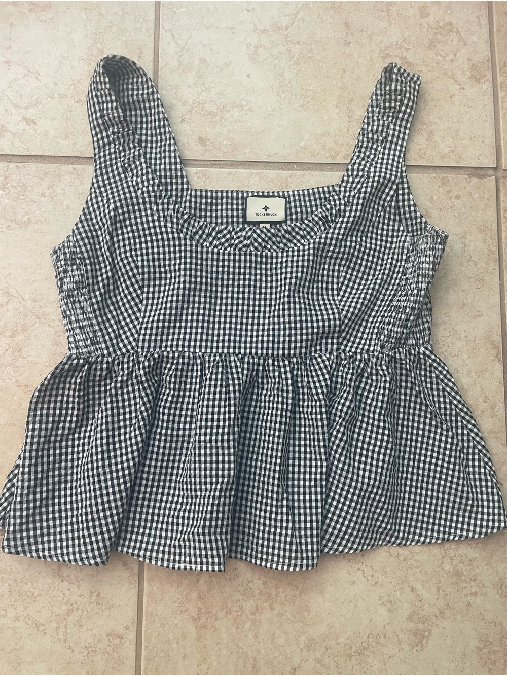 Tuckernuck Black & White Gingham Seersucker Peplum Top